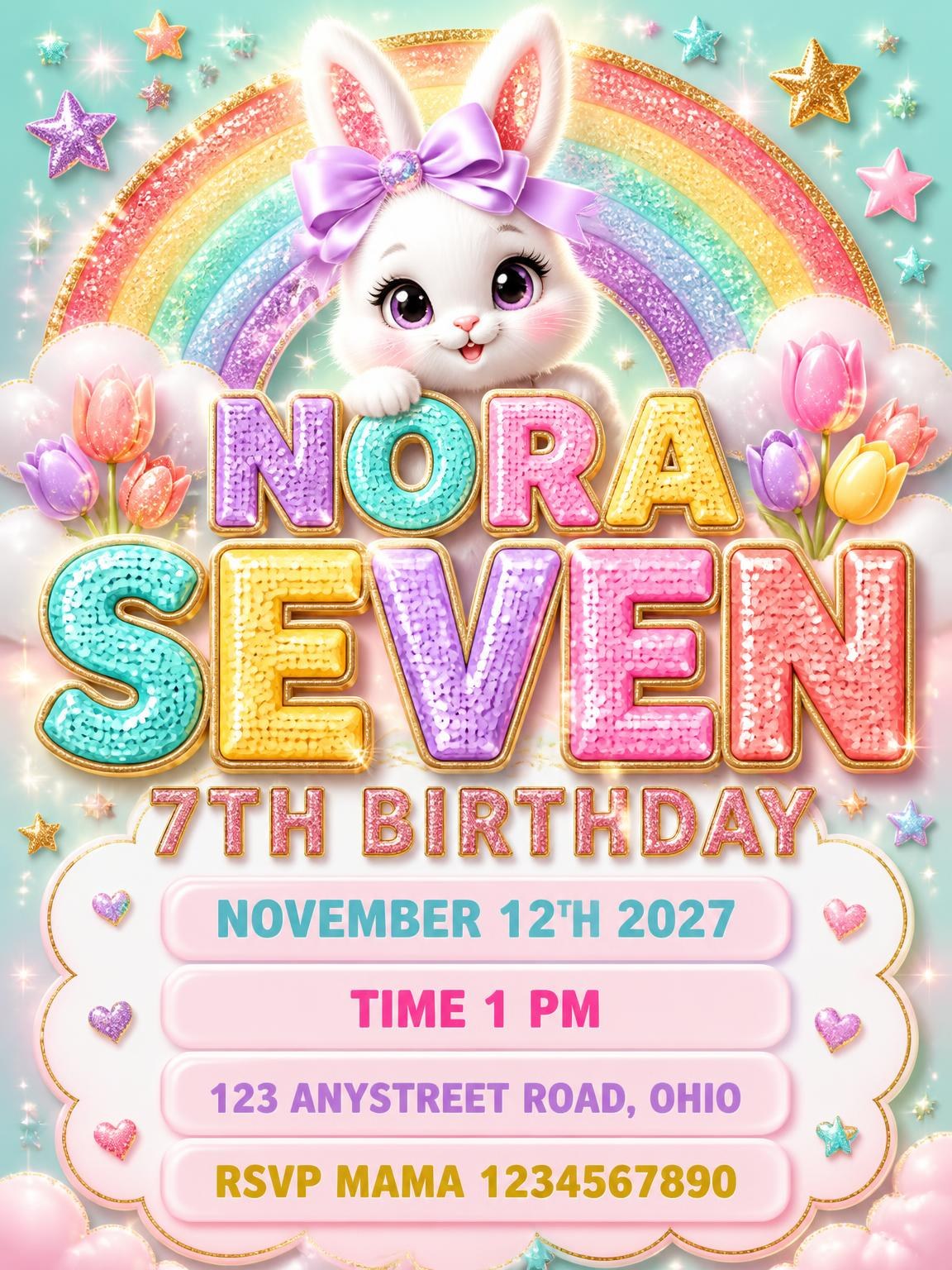 Glitter Sparkle Bunny 7th Birthday Invitation