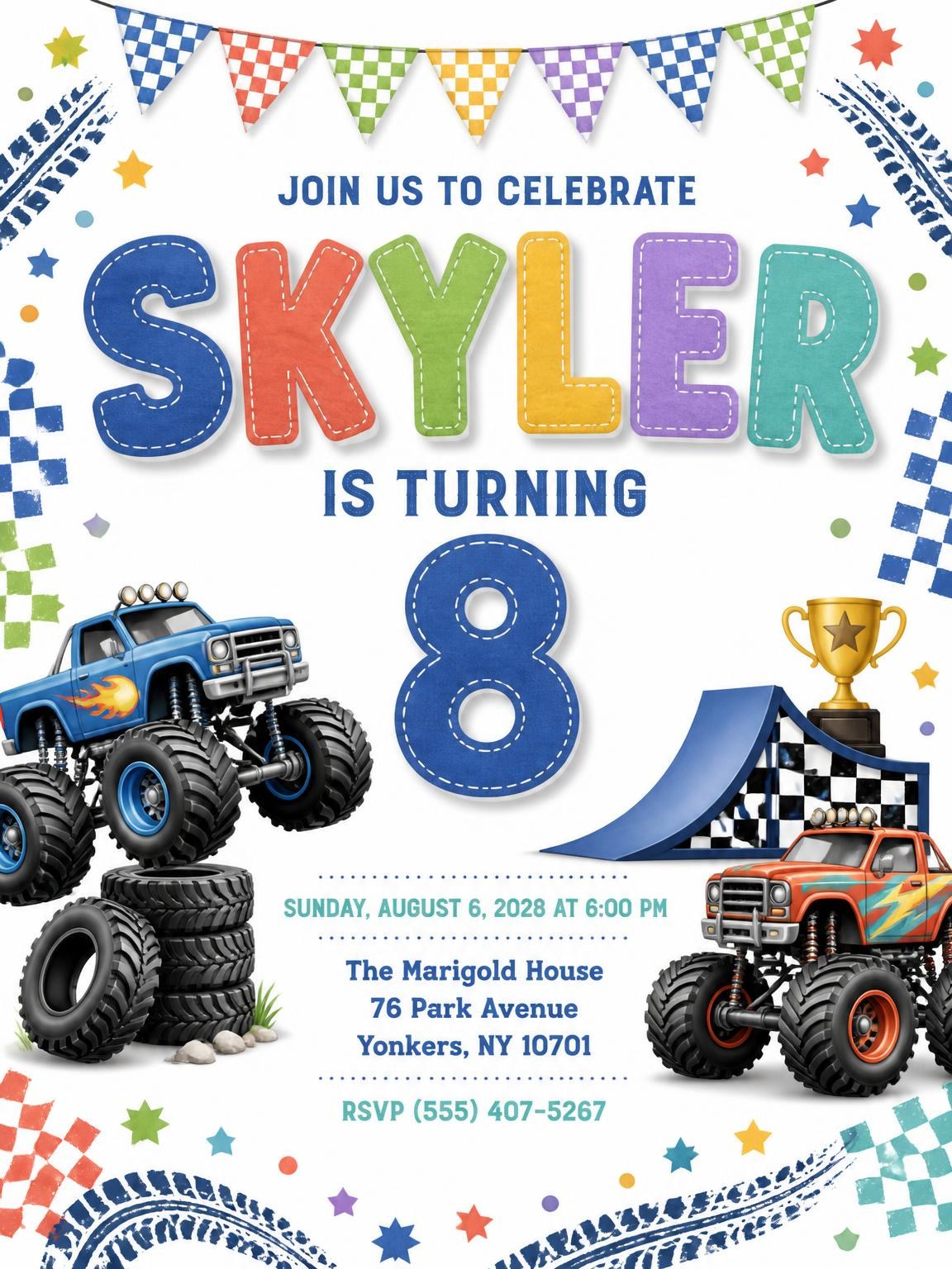 Stitched Monster Truck 8th Birthday Invitation