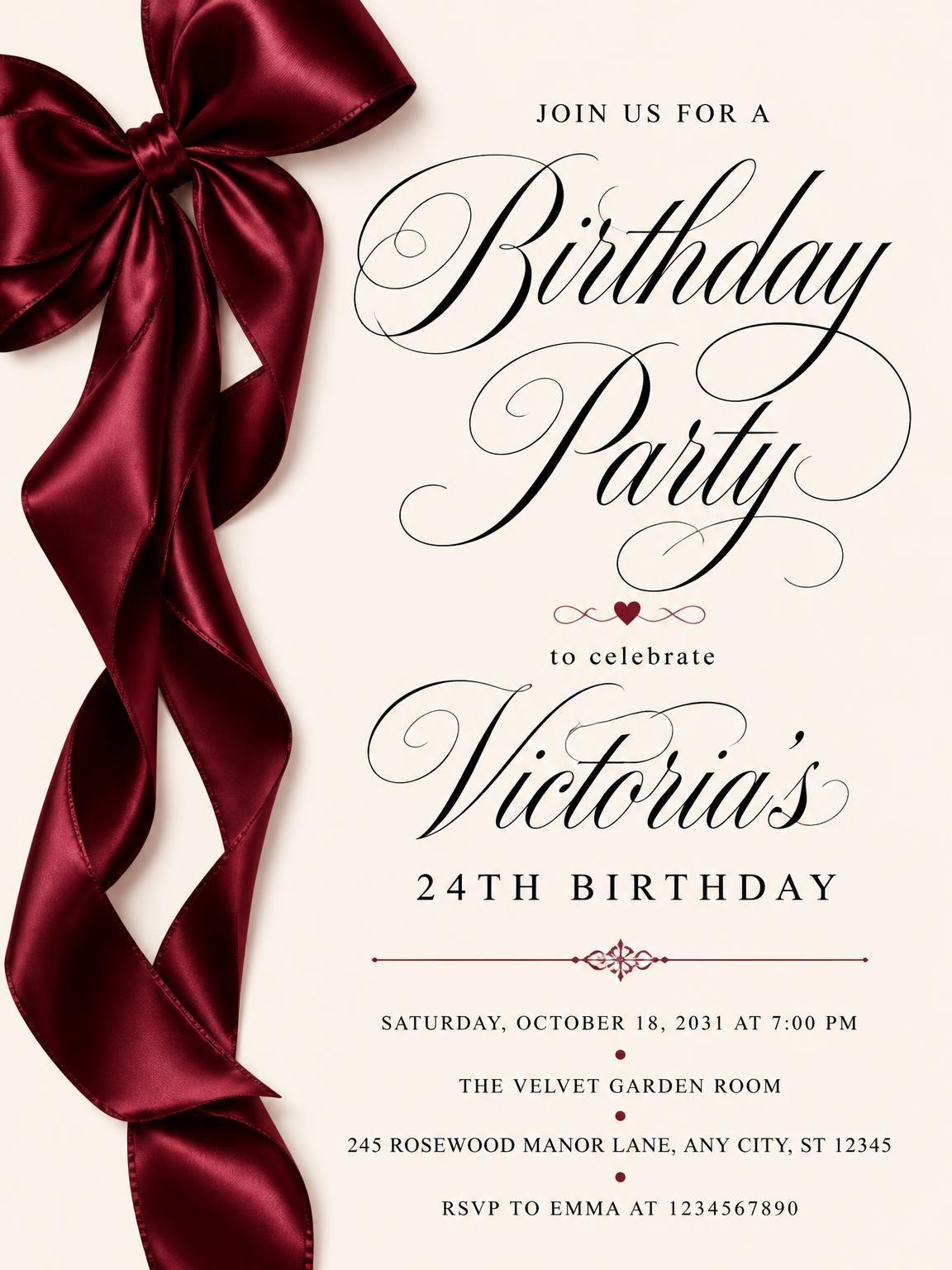 Burgundy Satin Bow 24th Birthday Invitation
