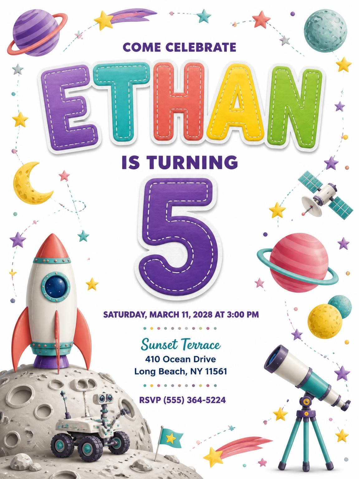 Stitched Space 5th Birthday Invitation