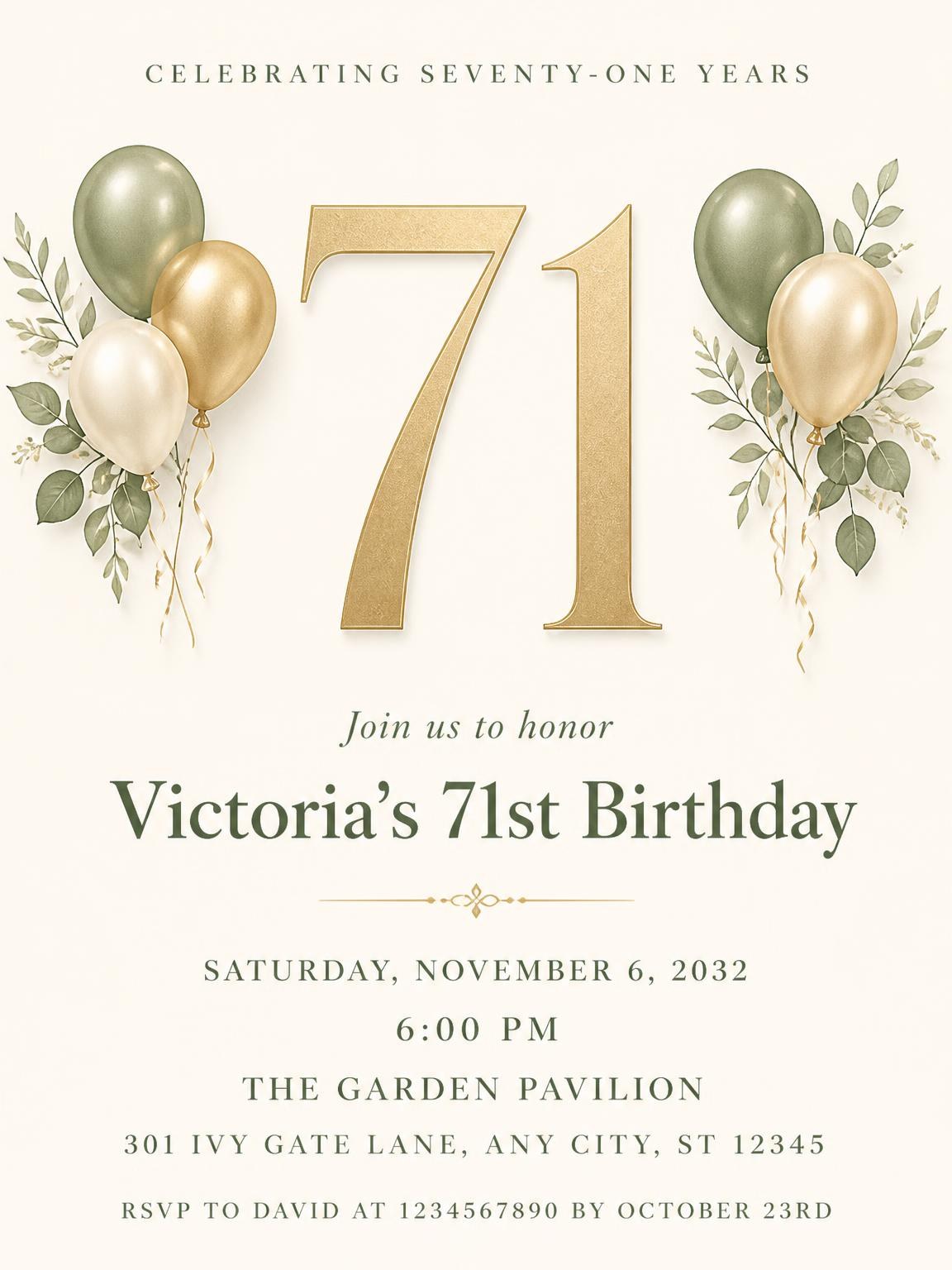 Sage and Ivory 71st Birthday Invitation