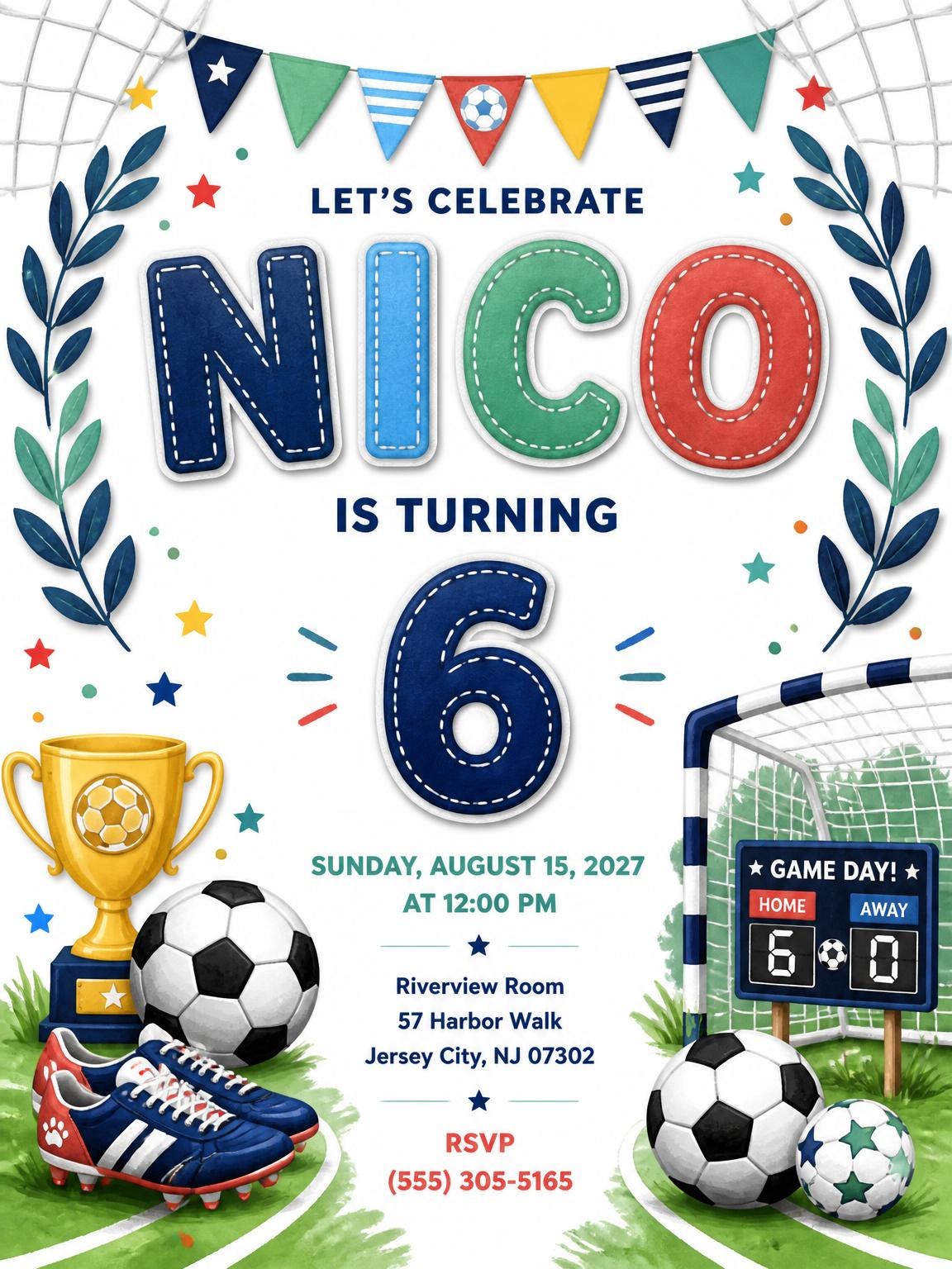 Stitched Soccer 6th Birthday Invitation