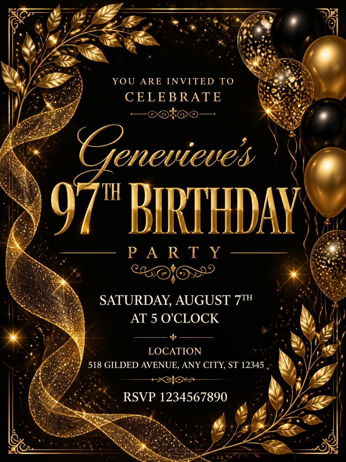Black and Gold 97th Birthday Invitation