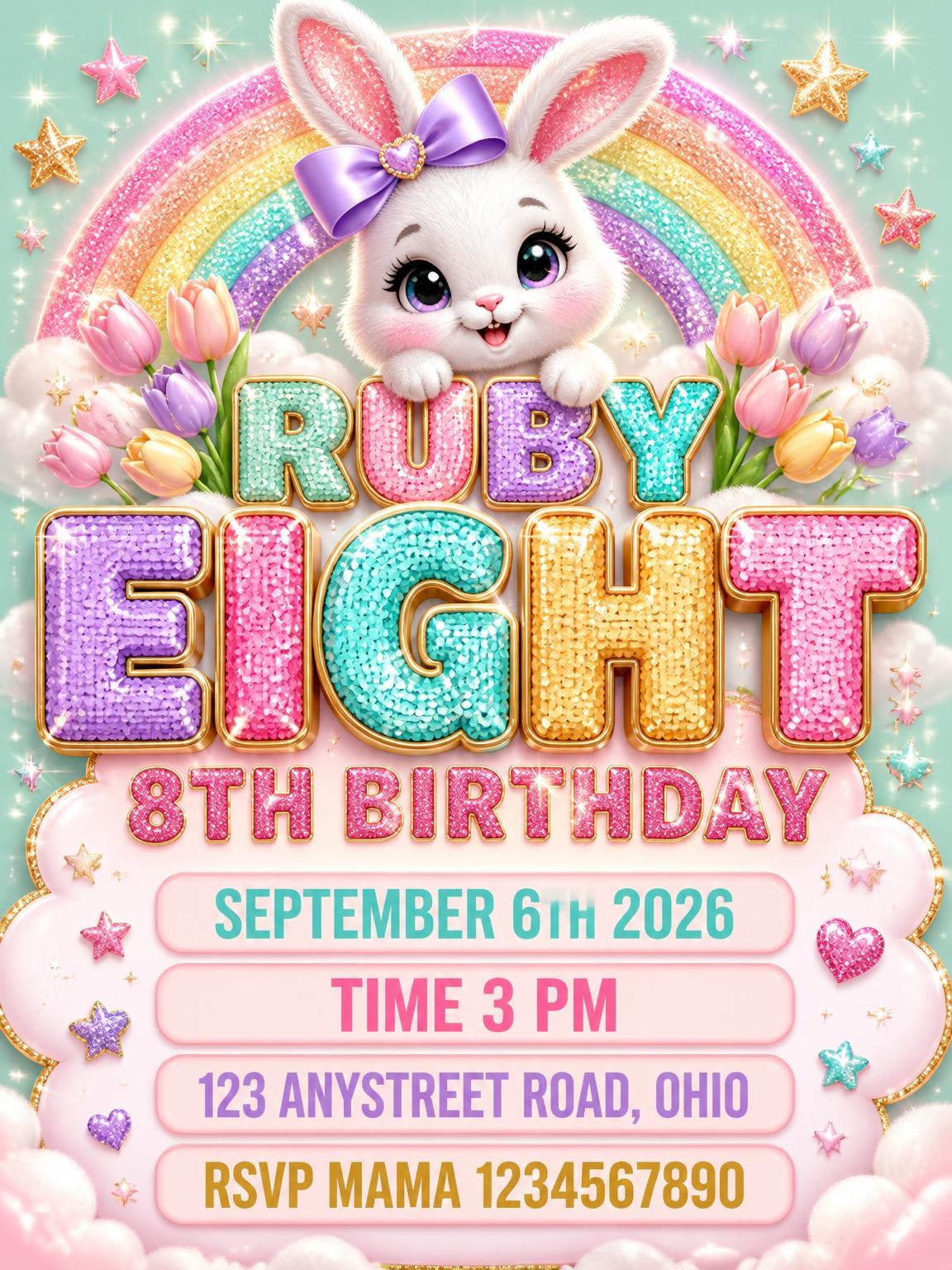 Glitter Sparkle Bunny 8th Birthday Invitation
