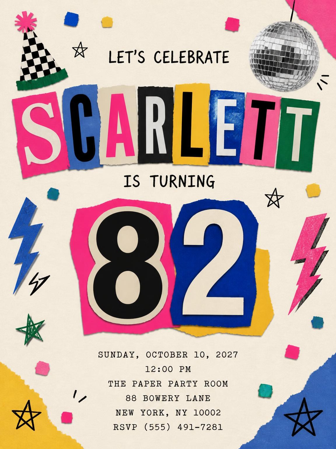Retro Paper Collage 82nd Birthday Invitation