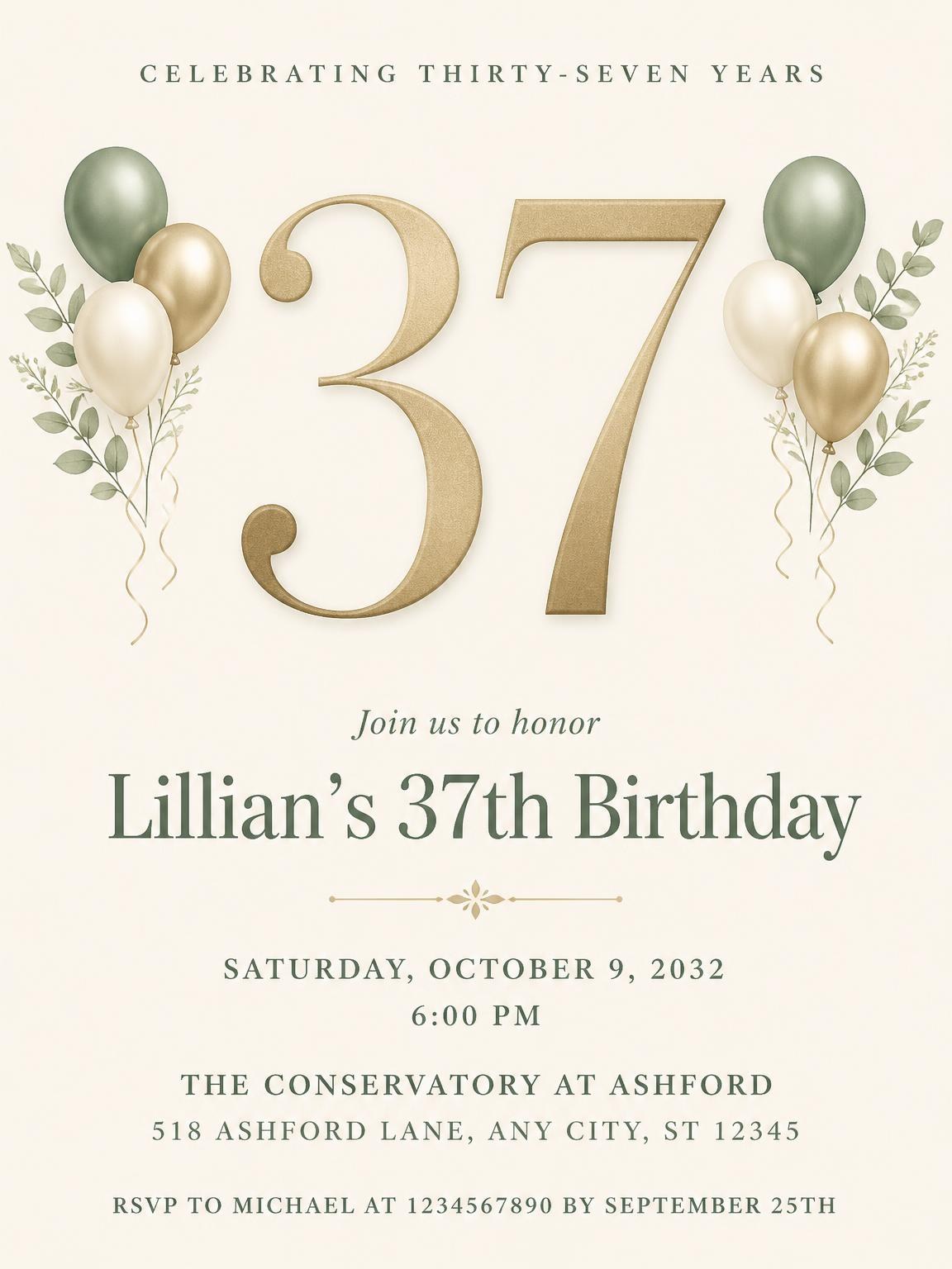 Sage and Ivory 37th Birthday Invitation
