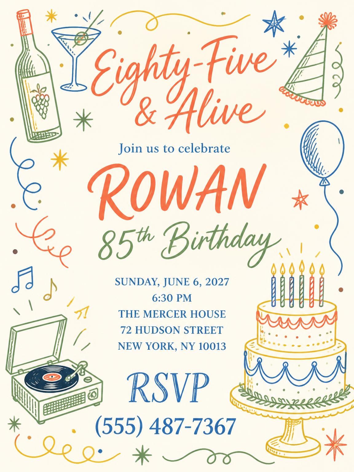 Retro Doodle 85th Birthday Invitation