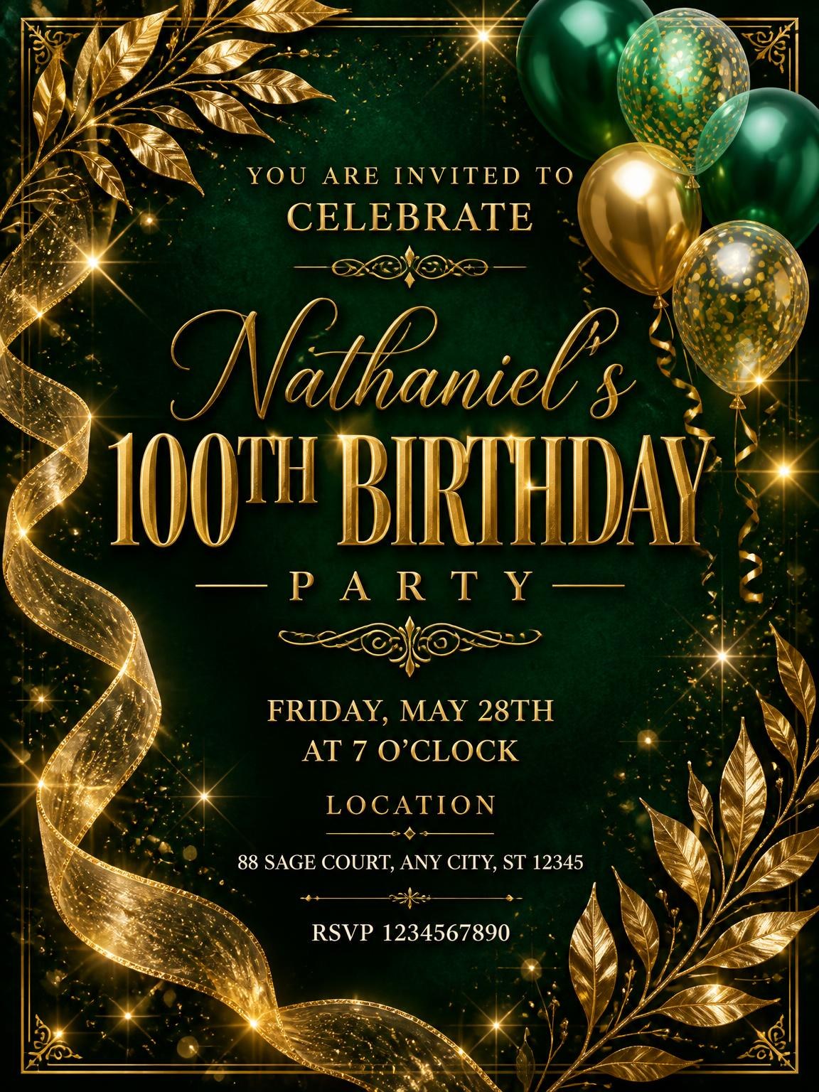 Emerald and Champagne 100th Birthday Invitation