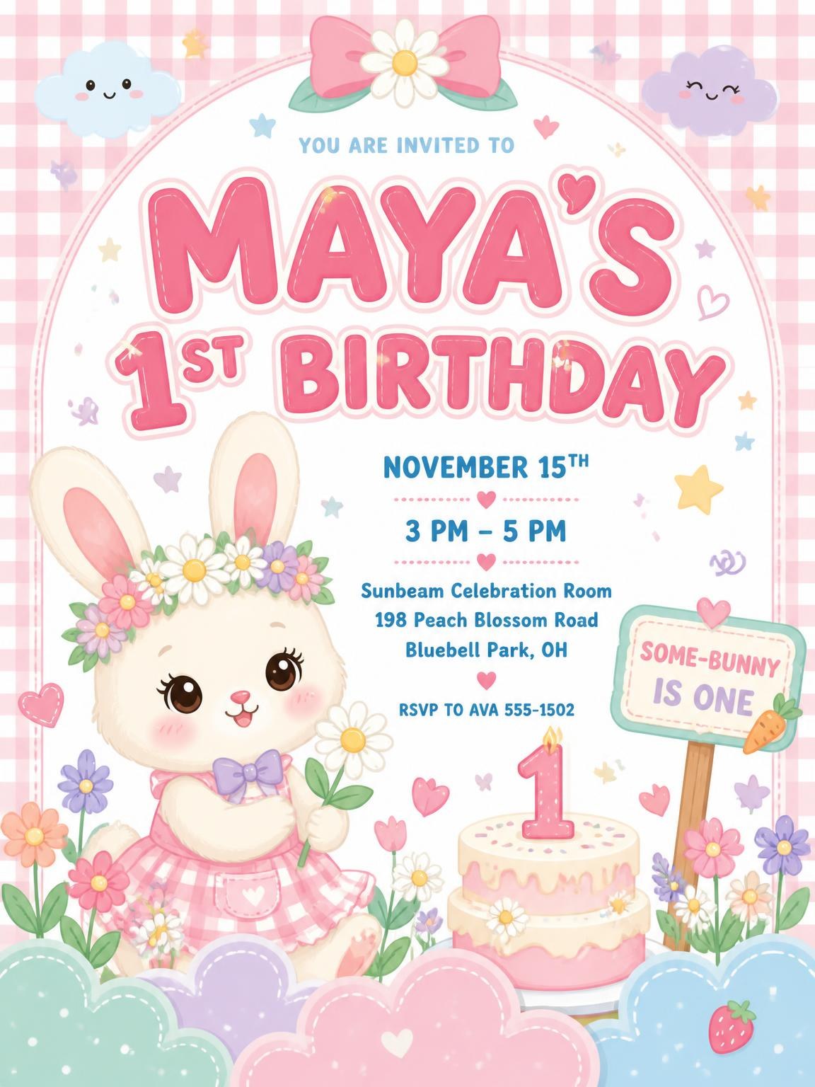 Kawaii Bunny Garden 1st Birthday Invitation