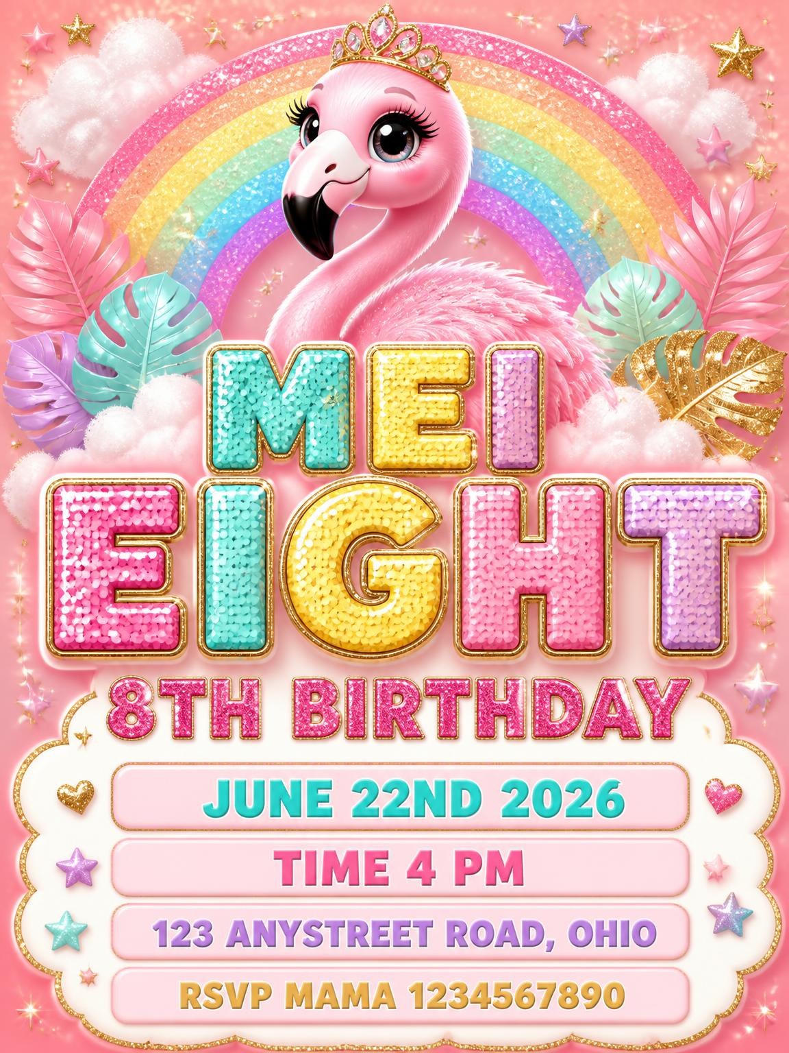 Glitter Flamingo 8th Birthday Invitation