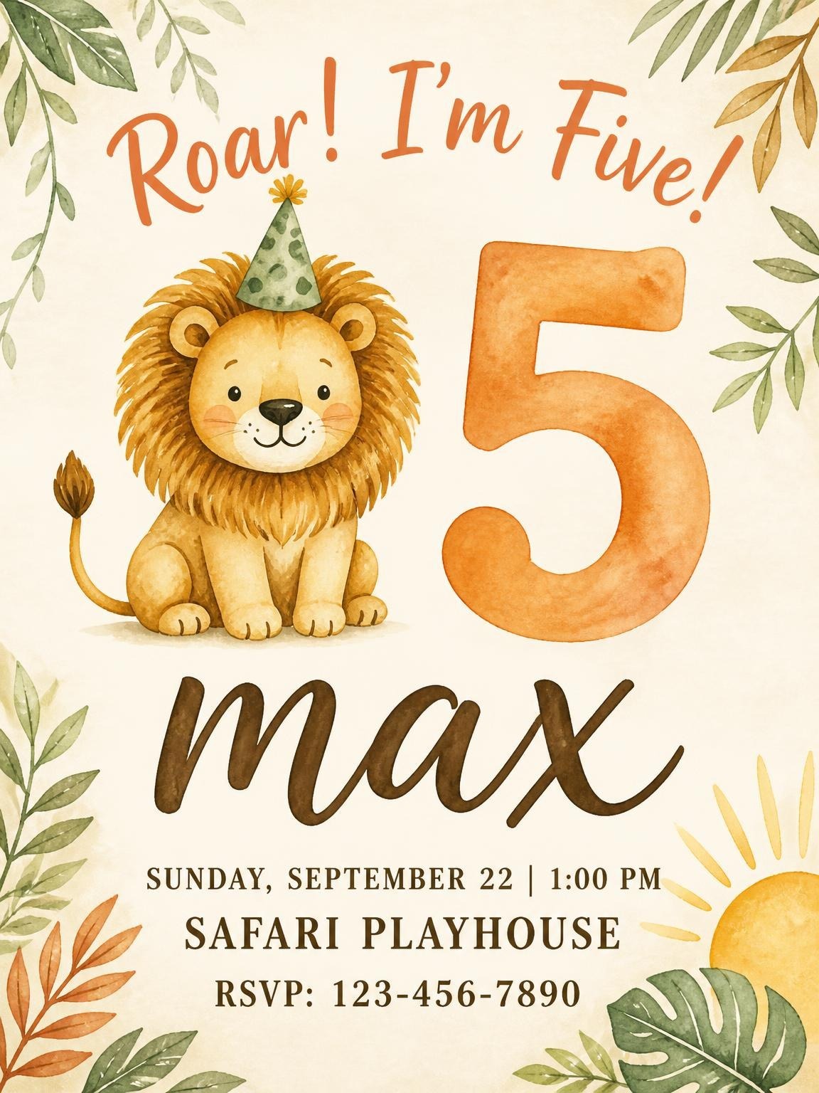 Watercolor Lion Safari 5th Birthday