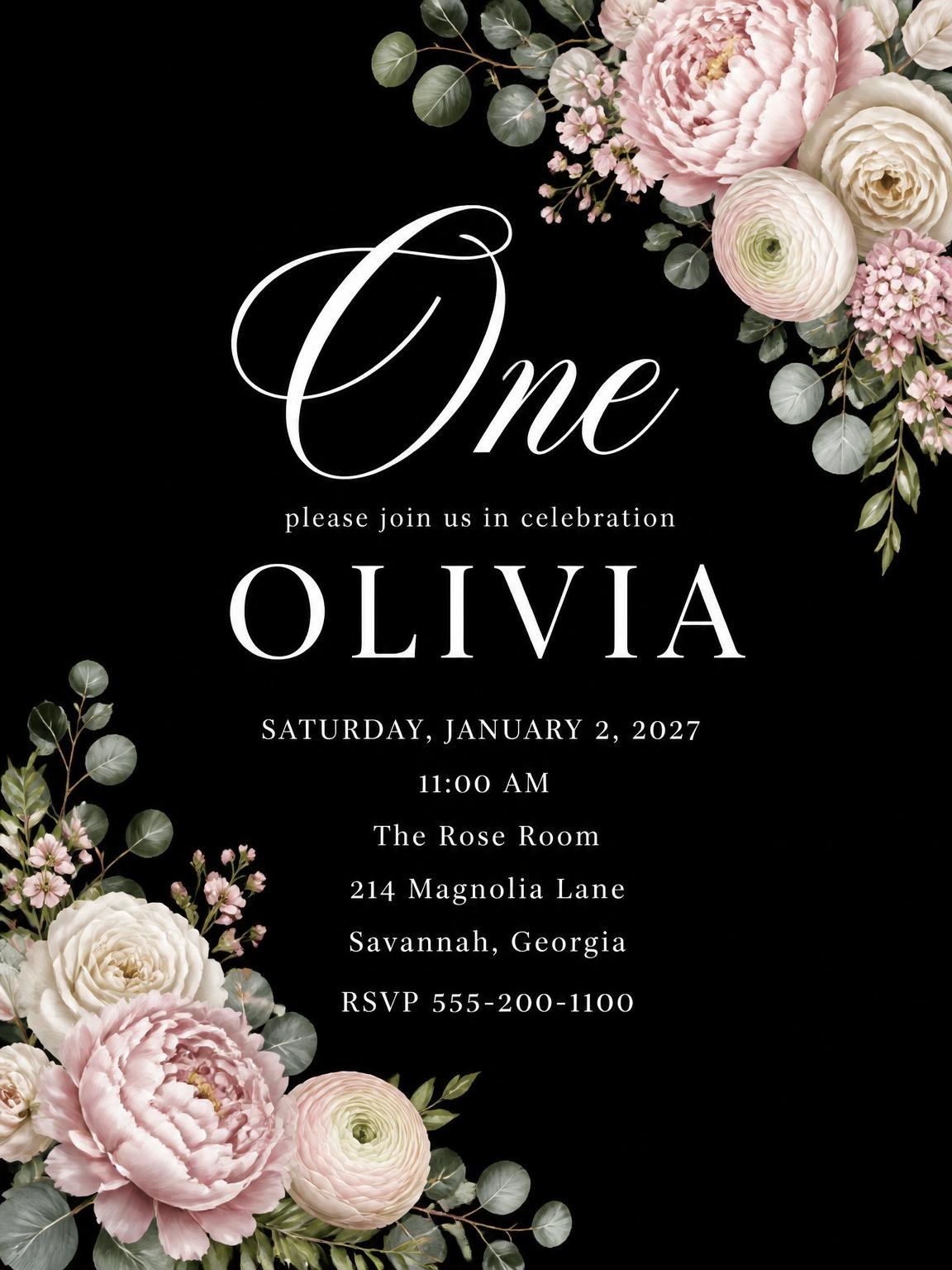 Black Floral 1st Birthday Invitation