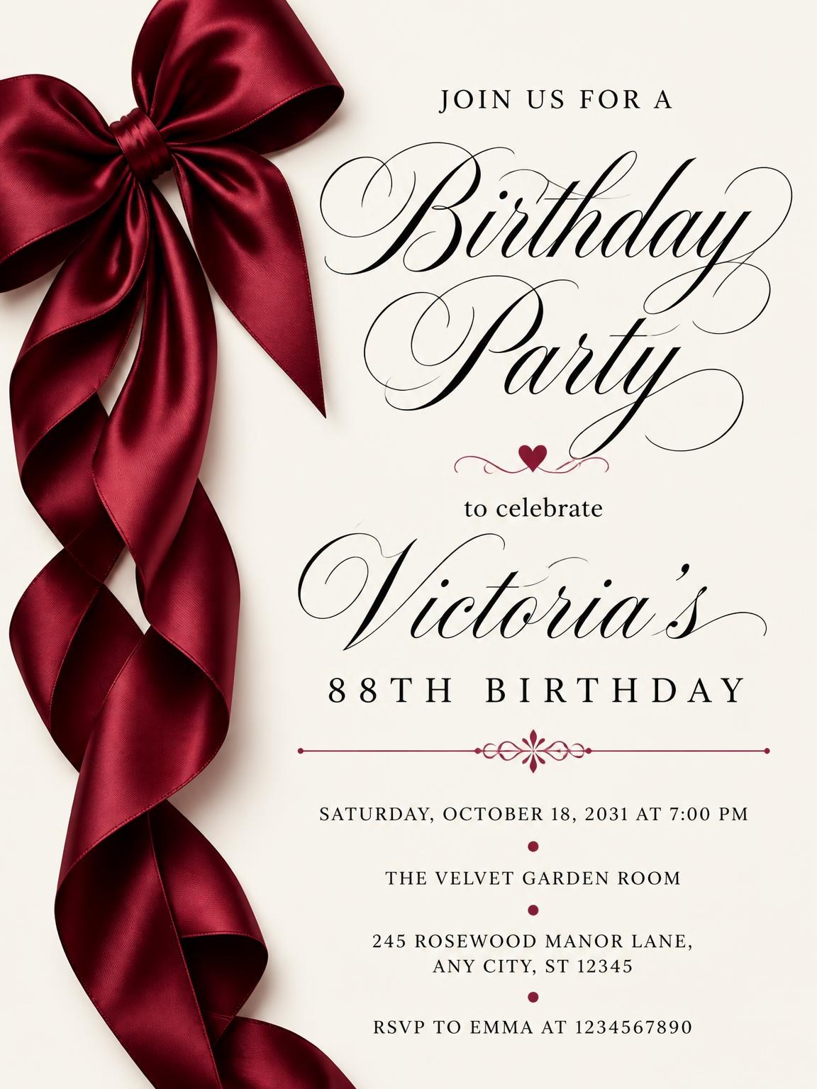 Burgundy Satin Bow 88th Birthday Invitation