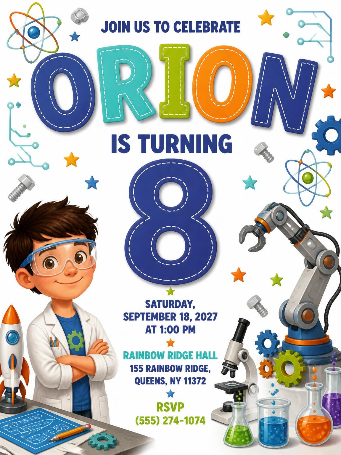 Lab Equipment Stitched 8th Birthday Invitation