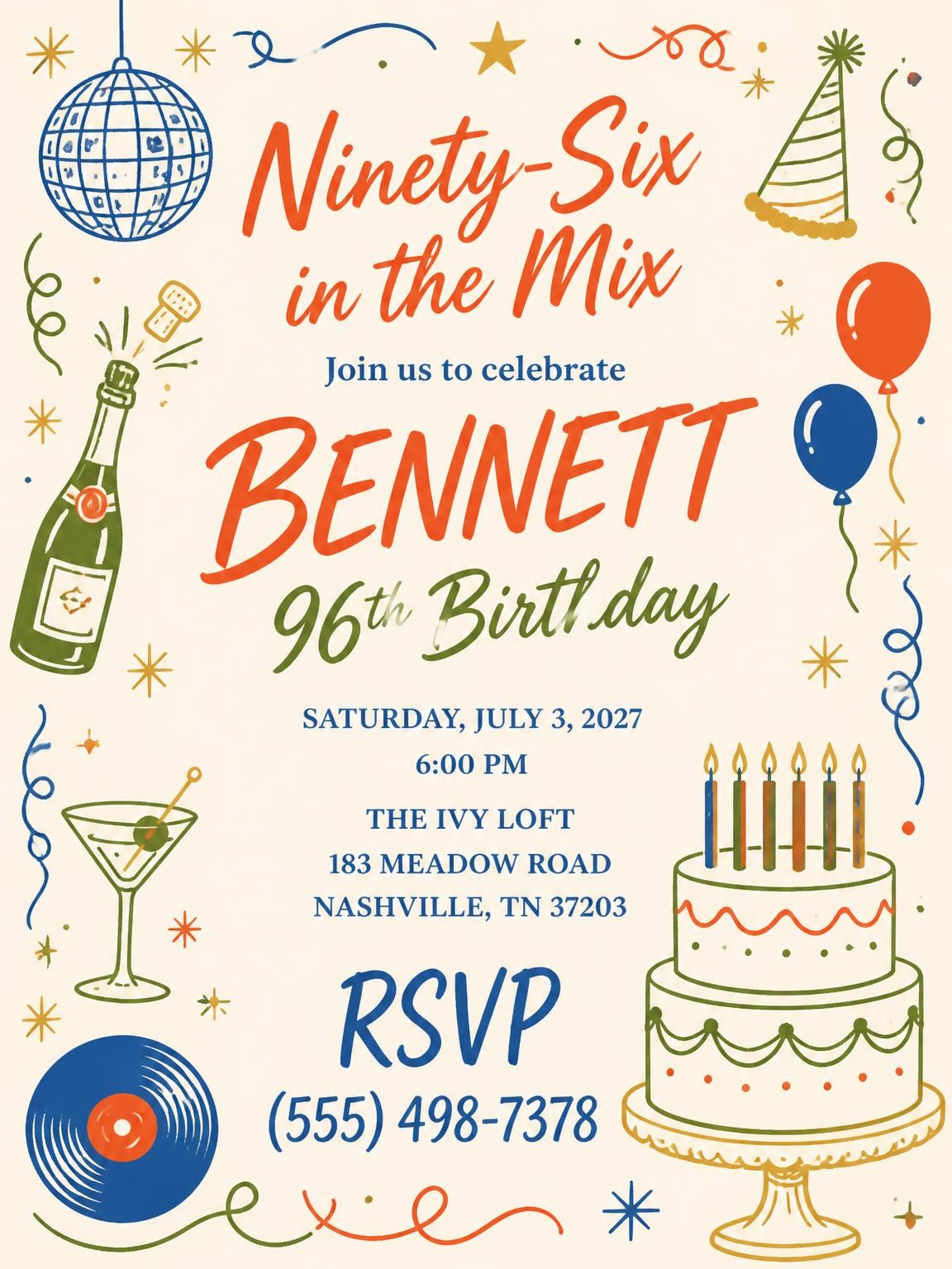 Retro Doodle 96th Birthday Invitation
