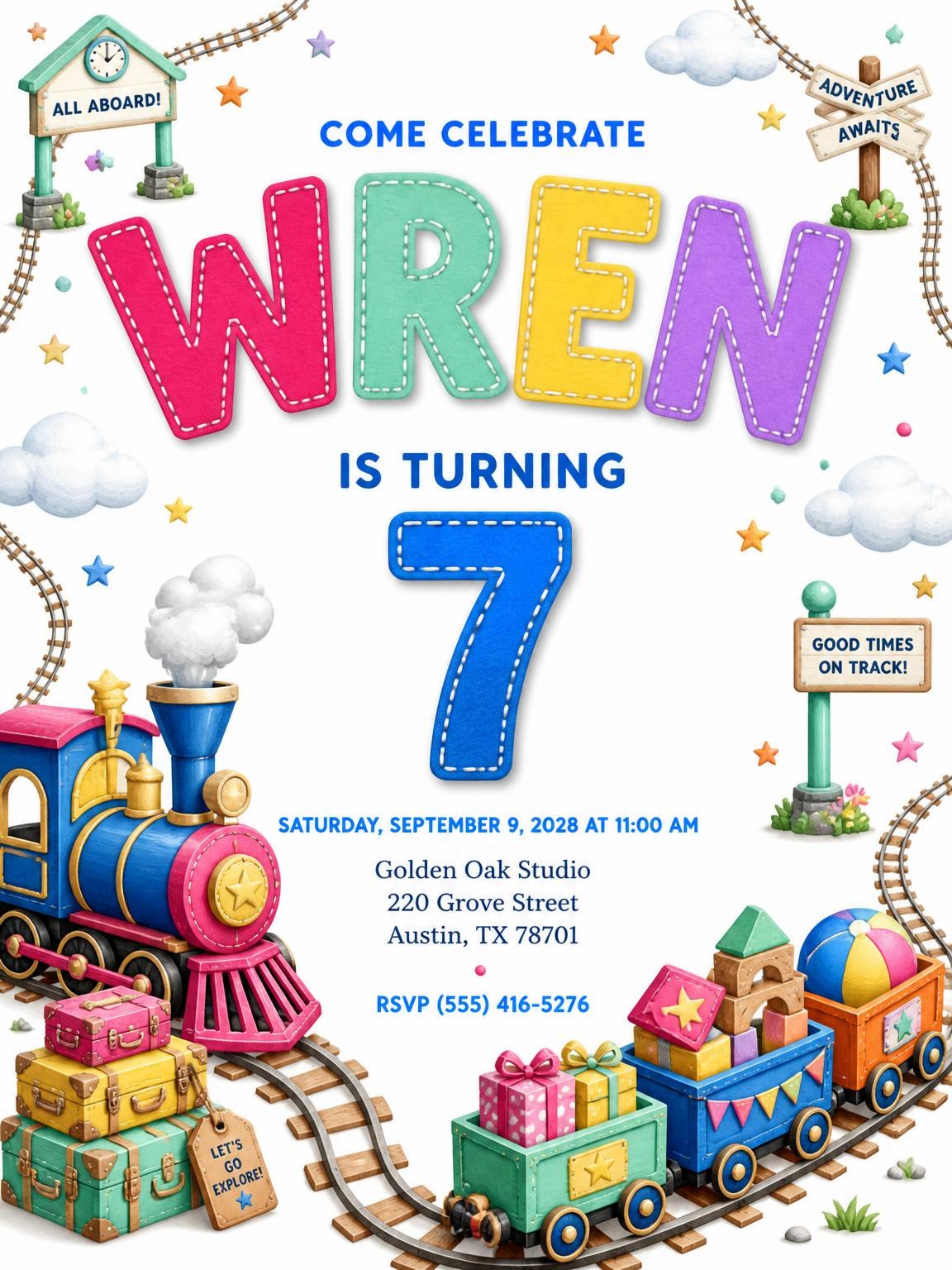Stitched Train 7th Birthday Invitation