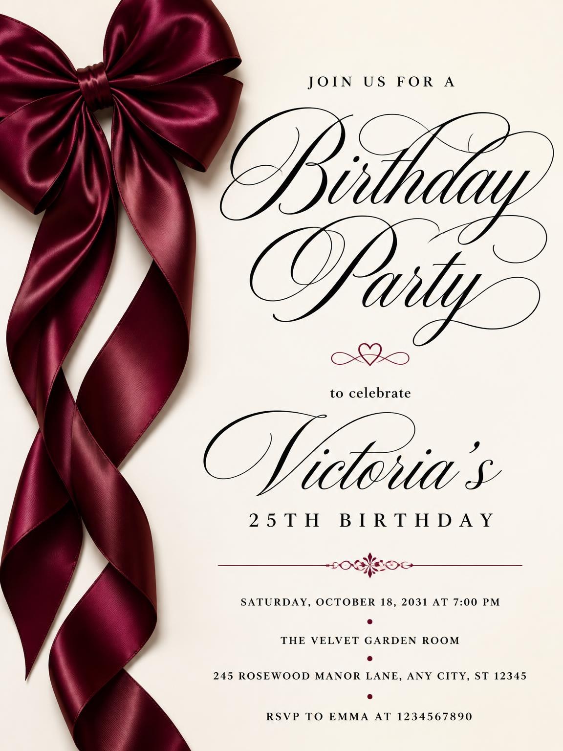 Burgundy Satin Bow 25th Birthday Invitation