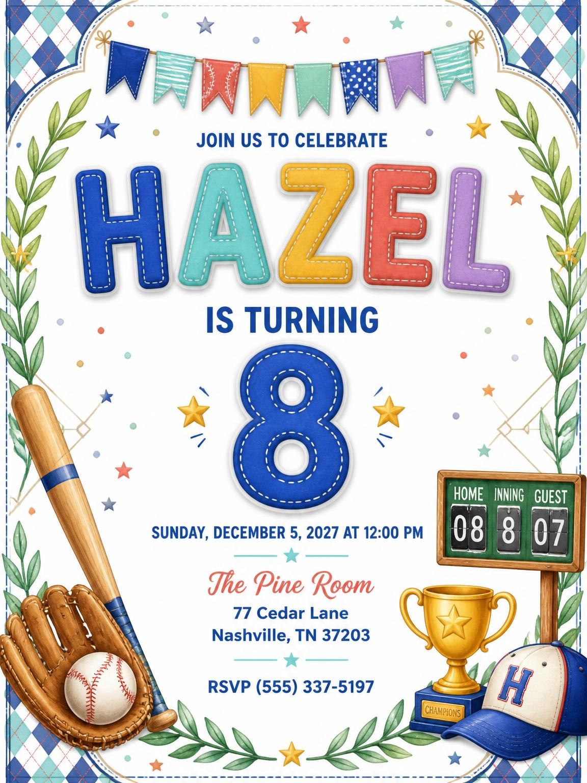 Stitched Baseball 8th Birthday Invitation
