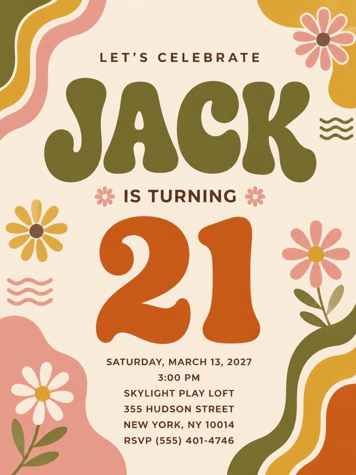 Groovy Retro 21st Birthday Invitation