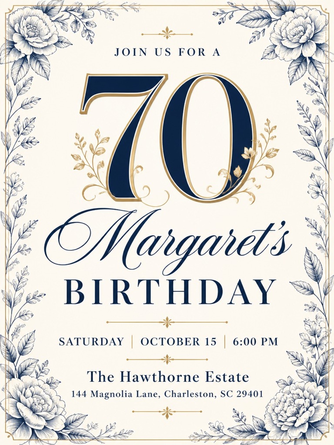 Navy Botanical Cream 70th Birthday