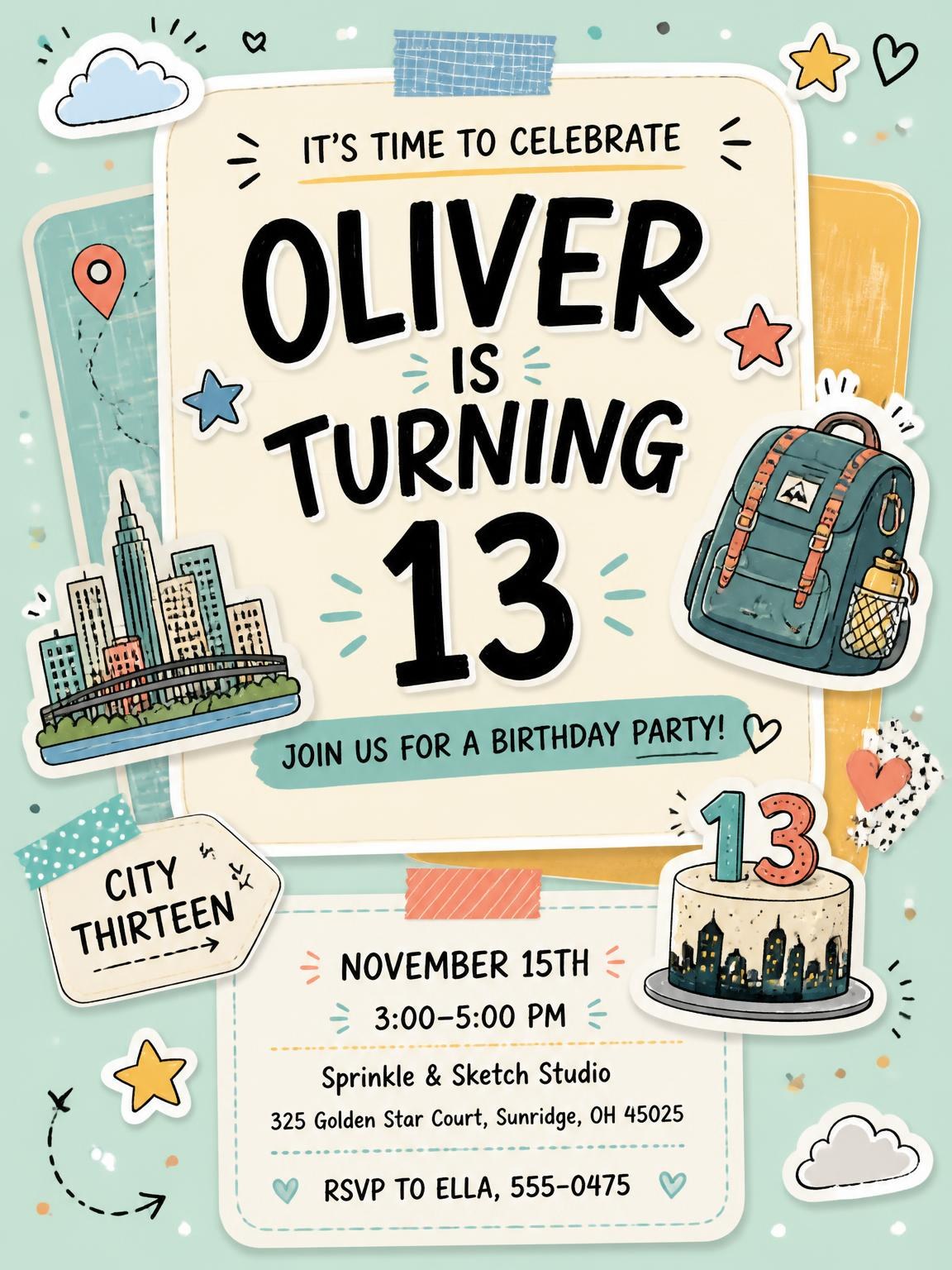 City Skyline Pastel 13th Birthday Invitation