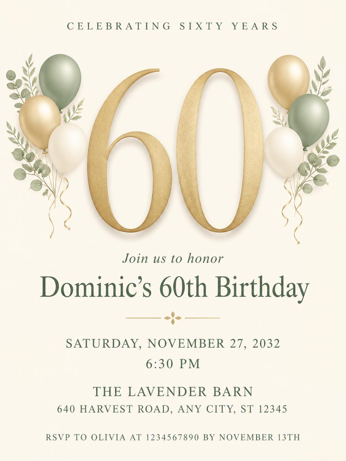Sage and Ivory 60th Birthday Invitation