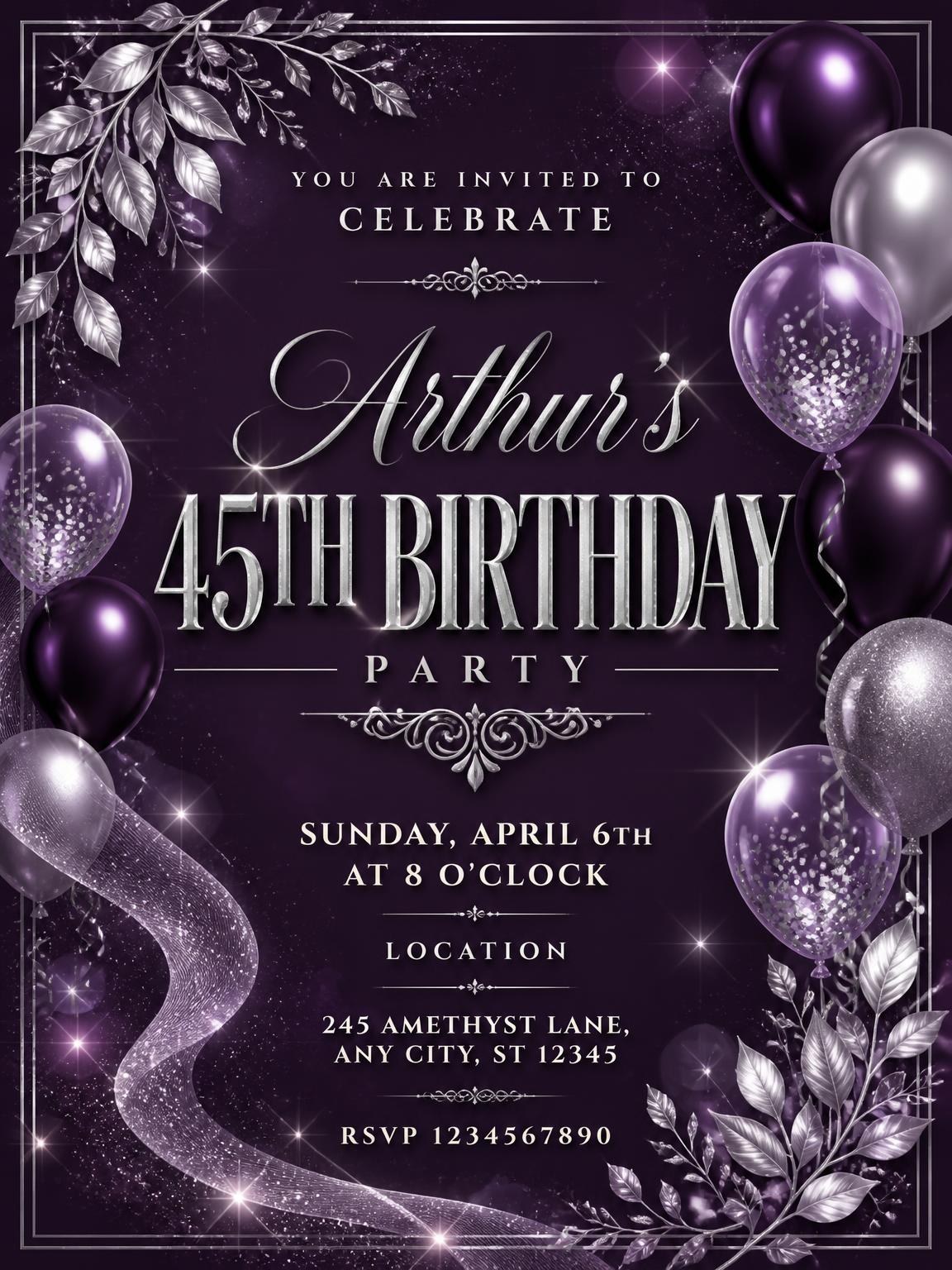 Plum and Silver 45th Birthday Invitation