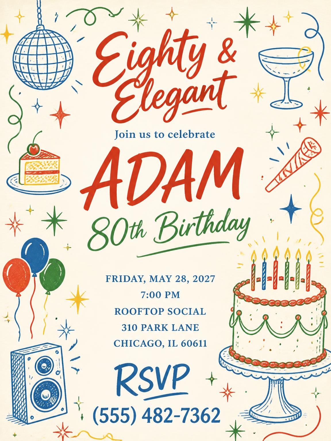 Retro Doodle 80th Birthday Invitation