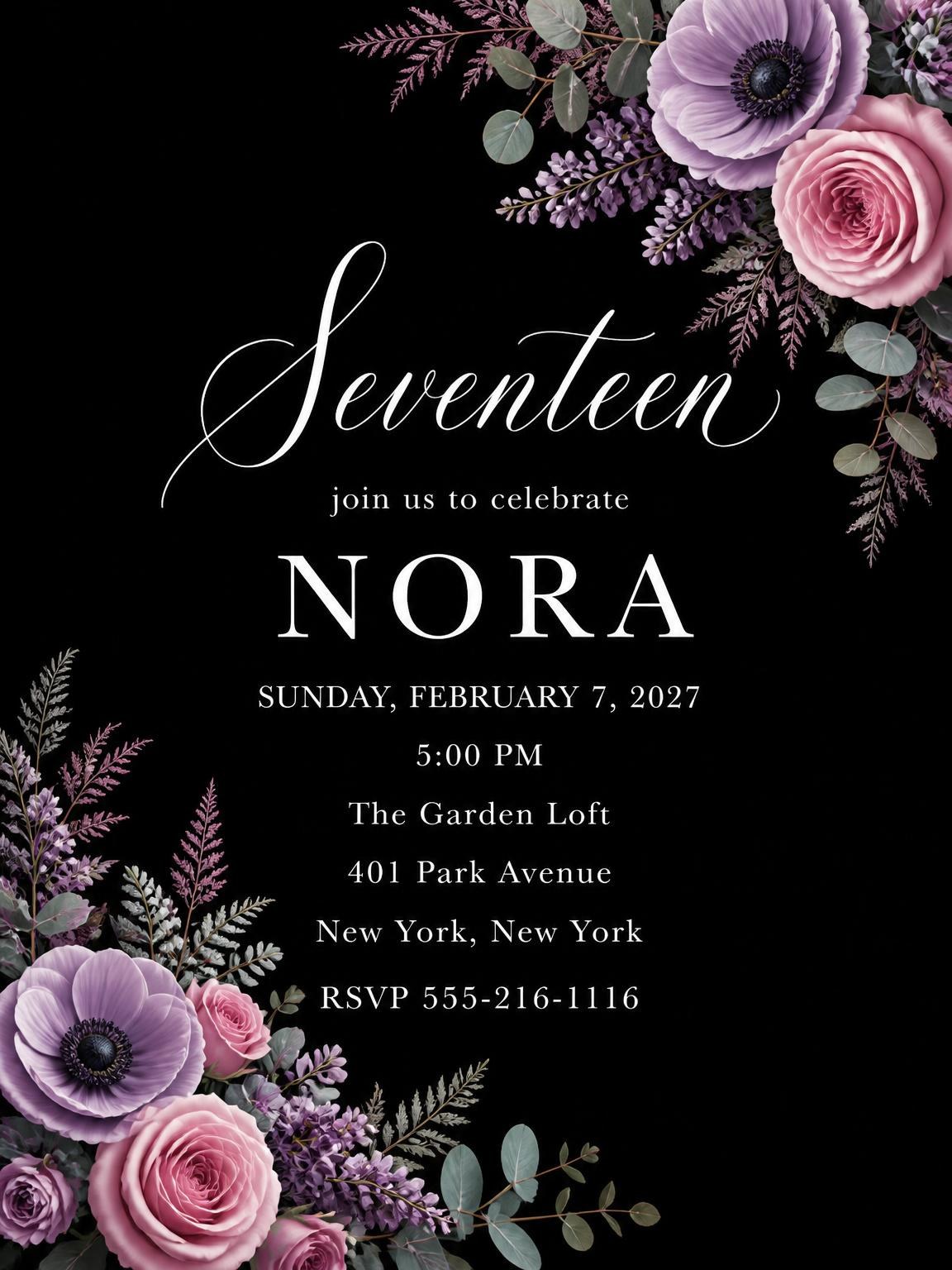 Black Floral 17th Birthday Invitation