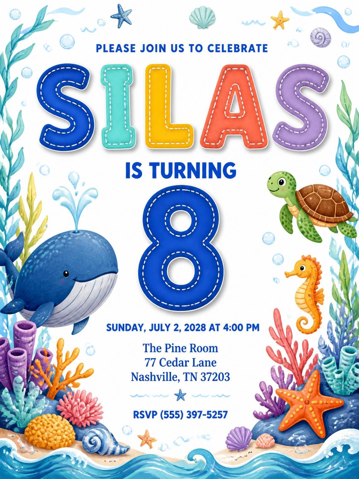 Stitched Under the Sea 8th Birthday Invitation