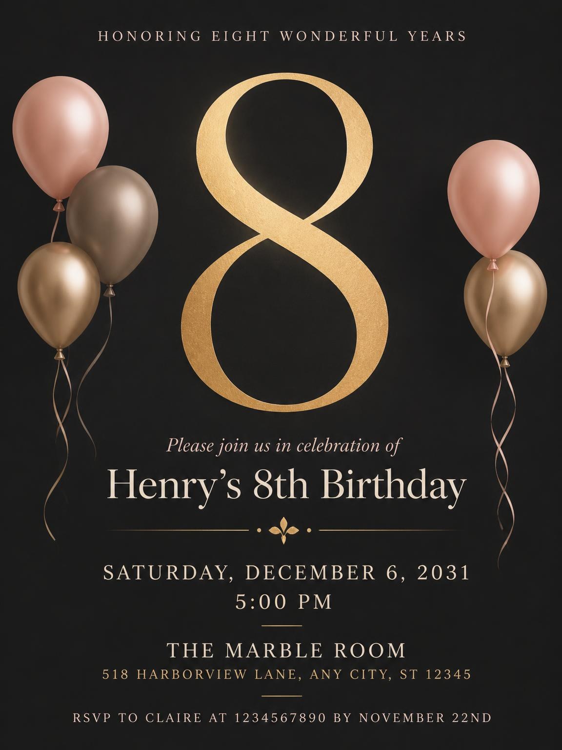 Charcoal and Blush 8th Birthday Invitation