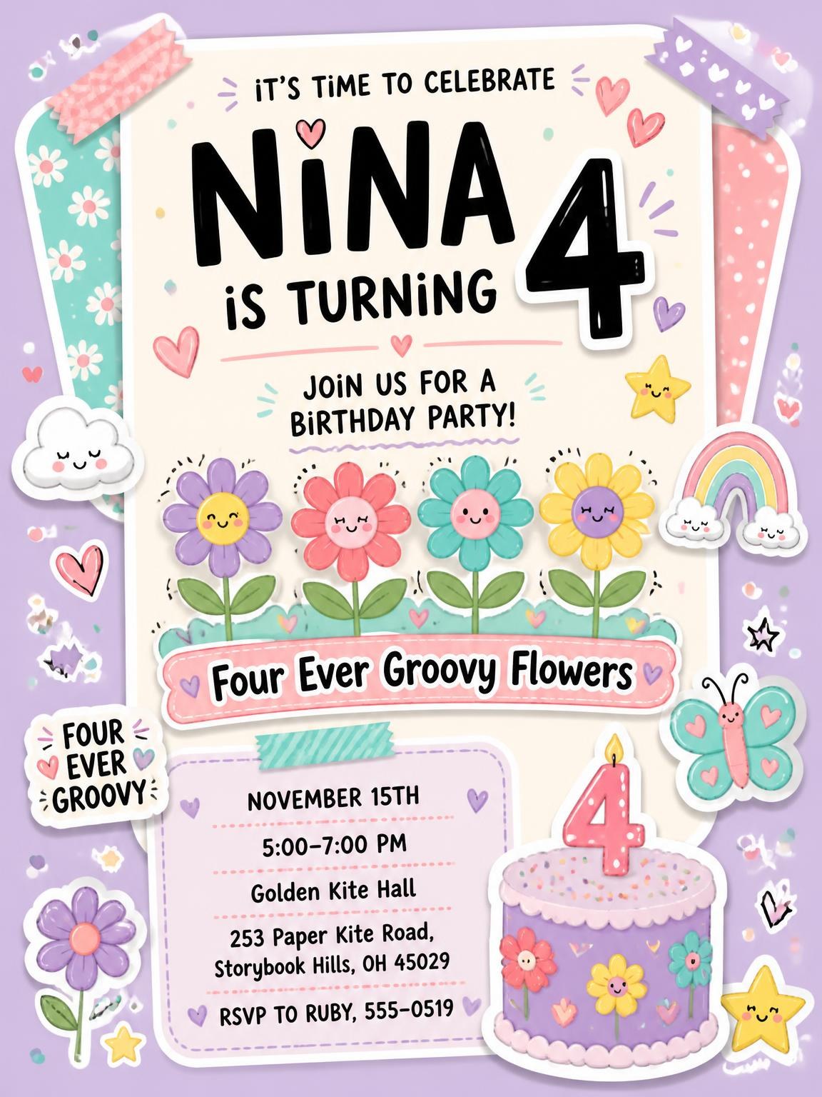 Flower Garden Pastel 4th Birthday Invitation