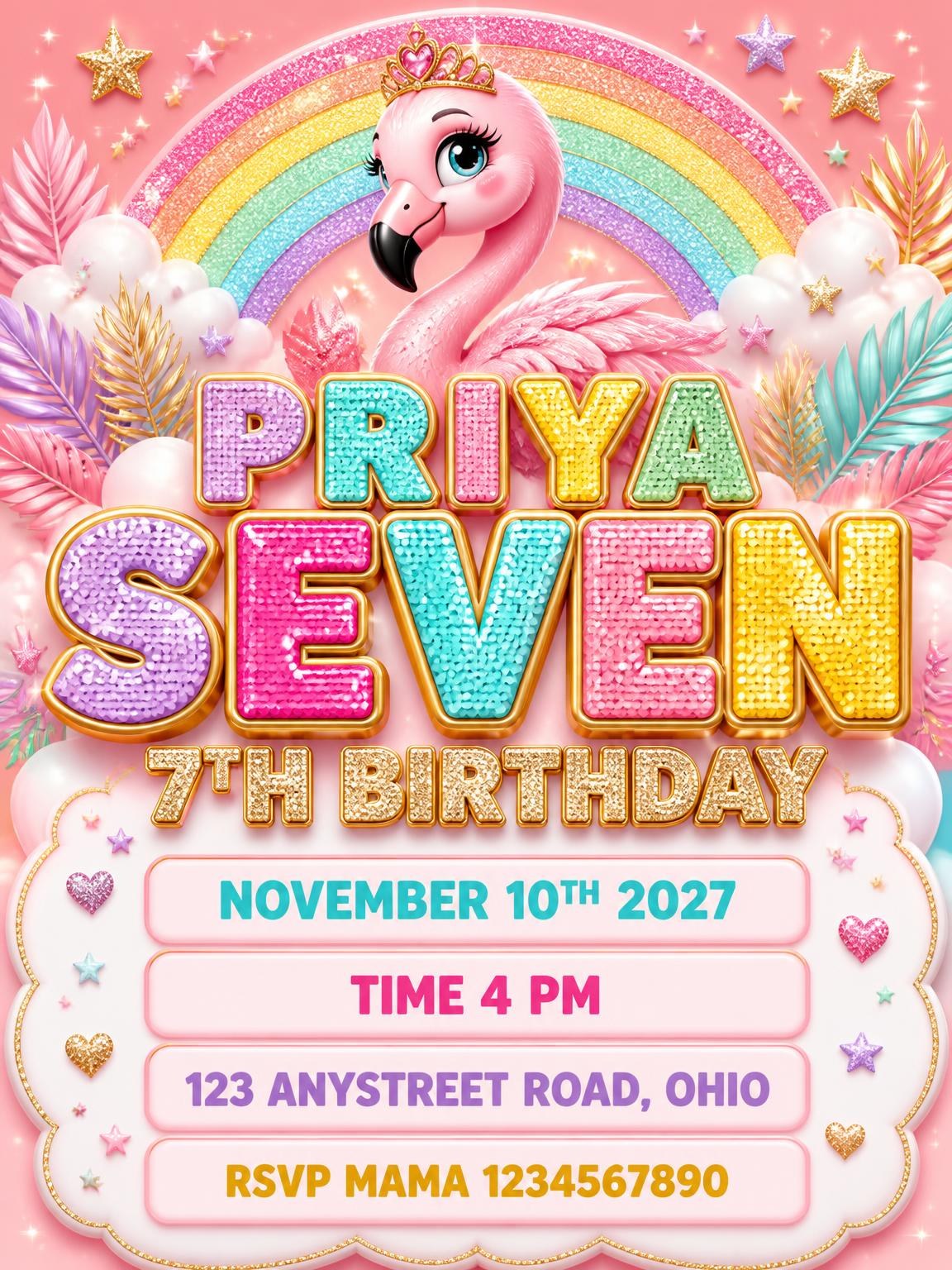 Glitter Flamingo 7th Birthday Invitation