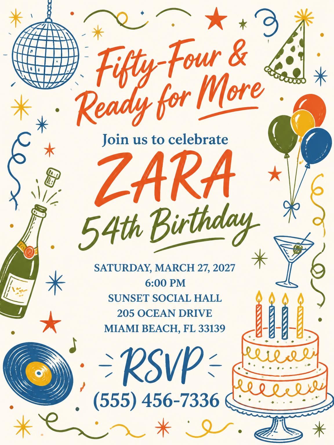 Retro Doodle 54th Birthday Invitation