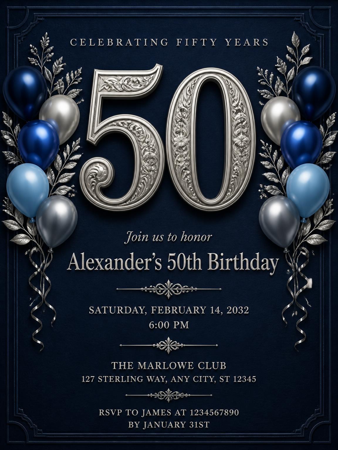 Navy Silver Embossed 50th Birthday Invitation