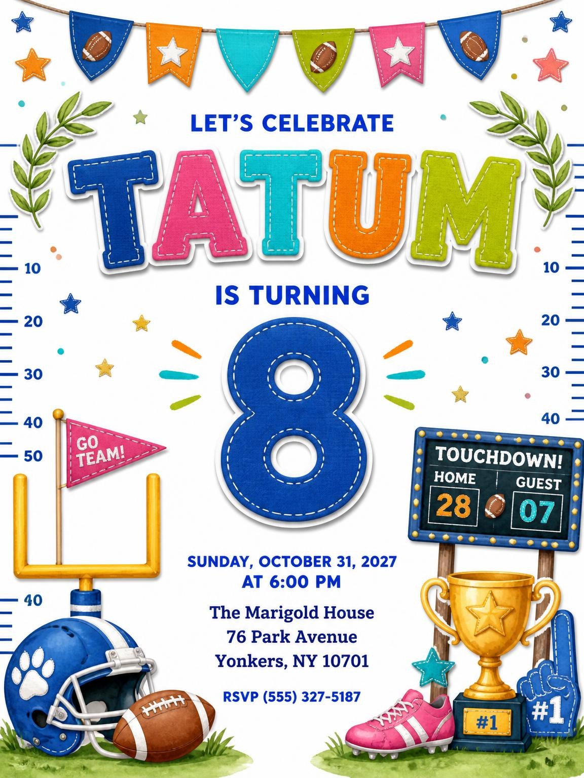 Stitched Football 8th Birthday Invitation