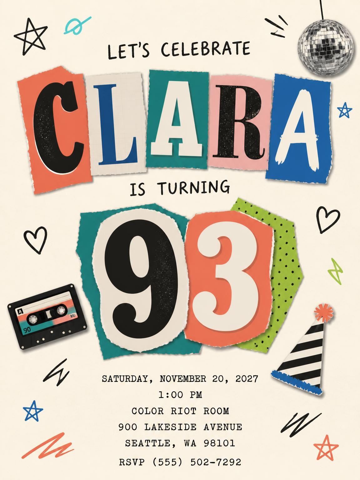 Retro Paper Collage 93rd Birthday Invitation