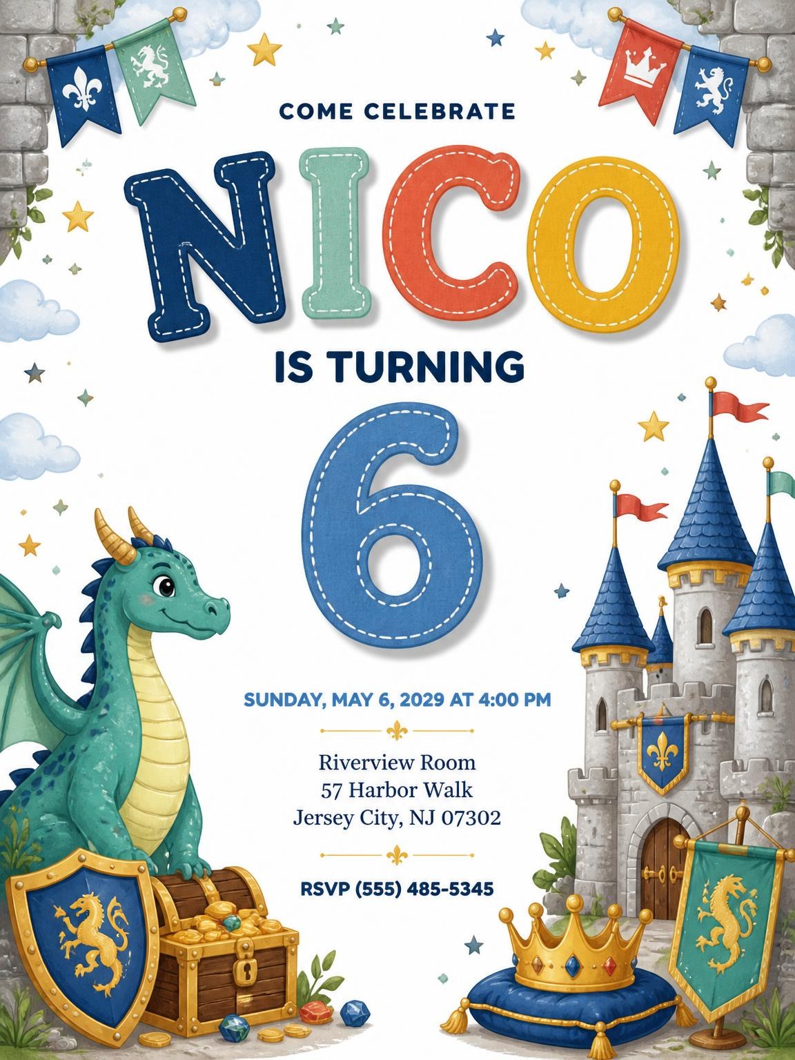 Stitched Dragon Castle 6th Birthday Invitation
