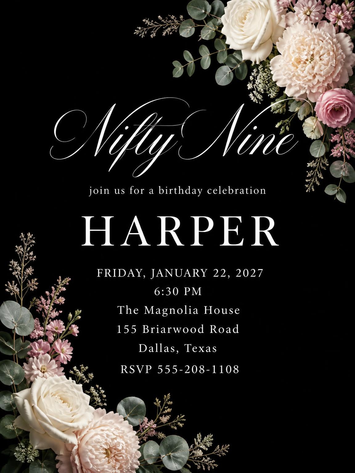 Black Floral 9th Birthday Invitation