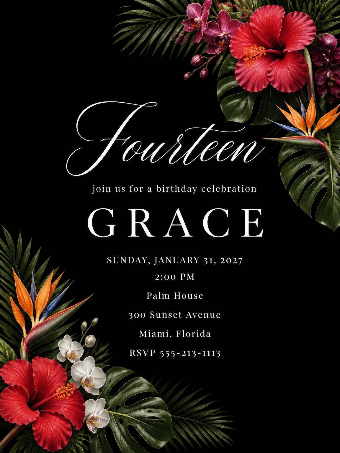 Black Floral 14th Birthday Invitation