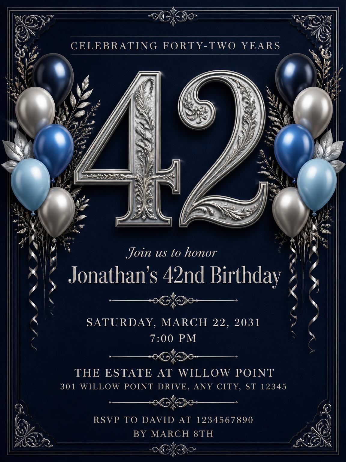 Navy and Silver 42nd Birthday Invitation