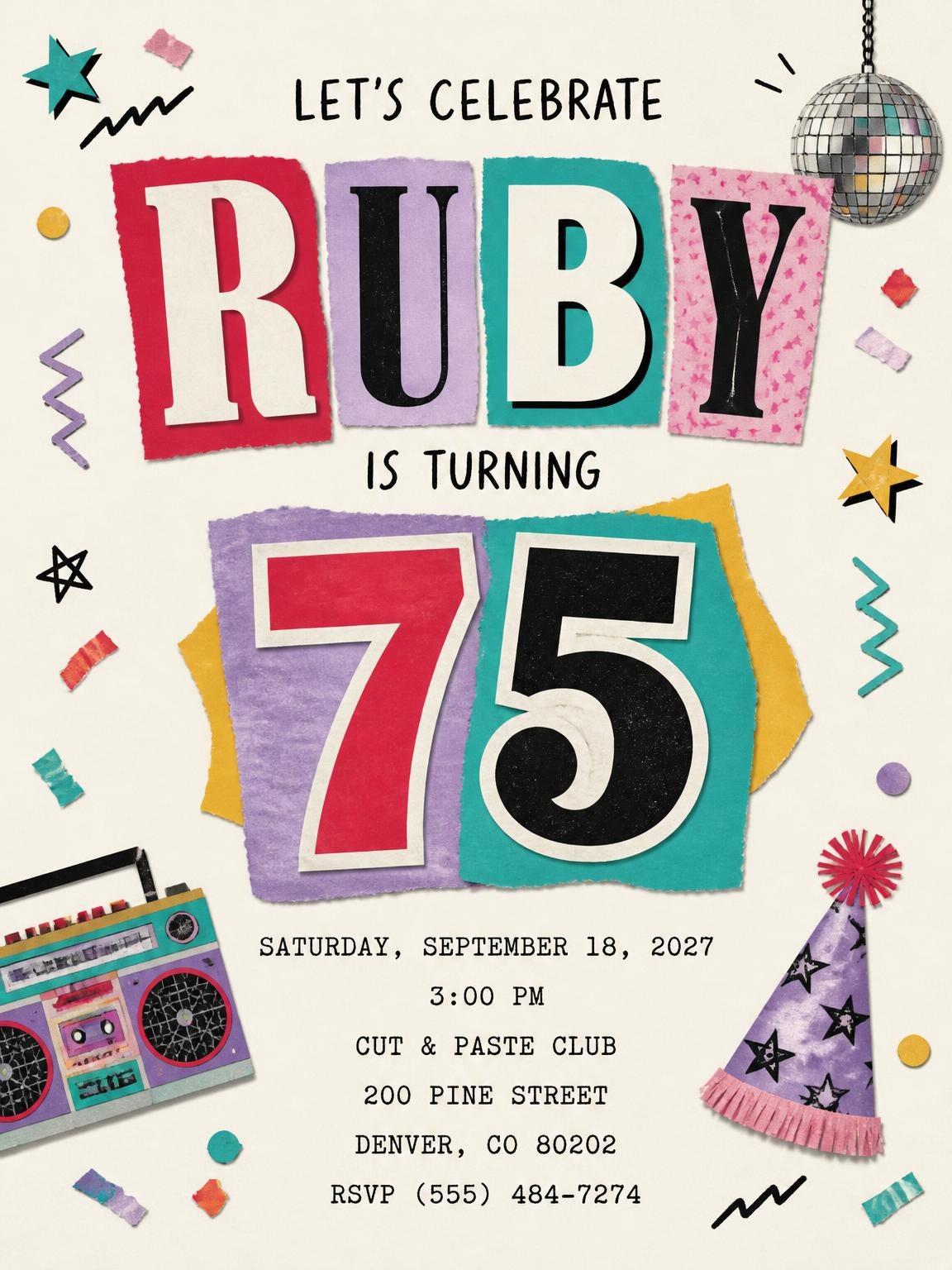 Retro Paper Collage 75th Birthday Invitation