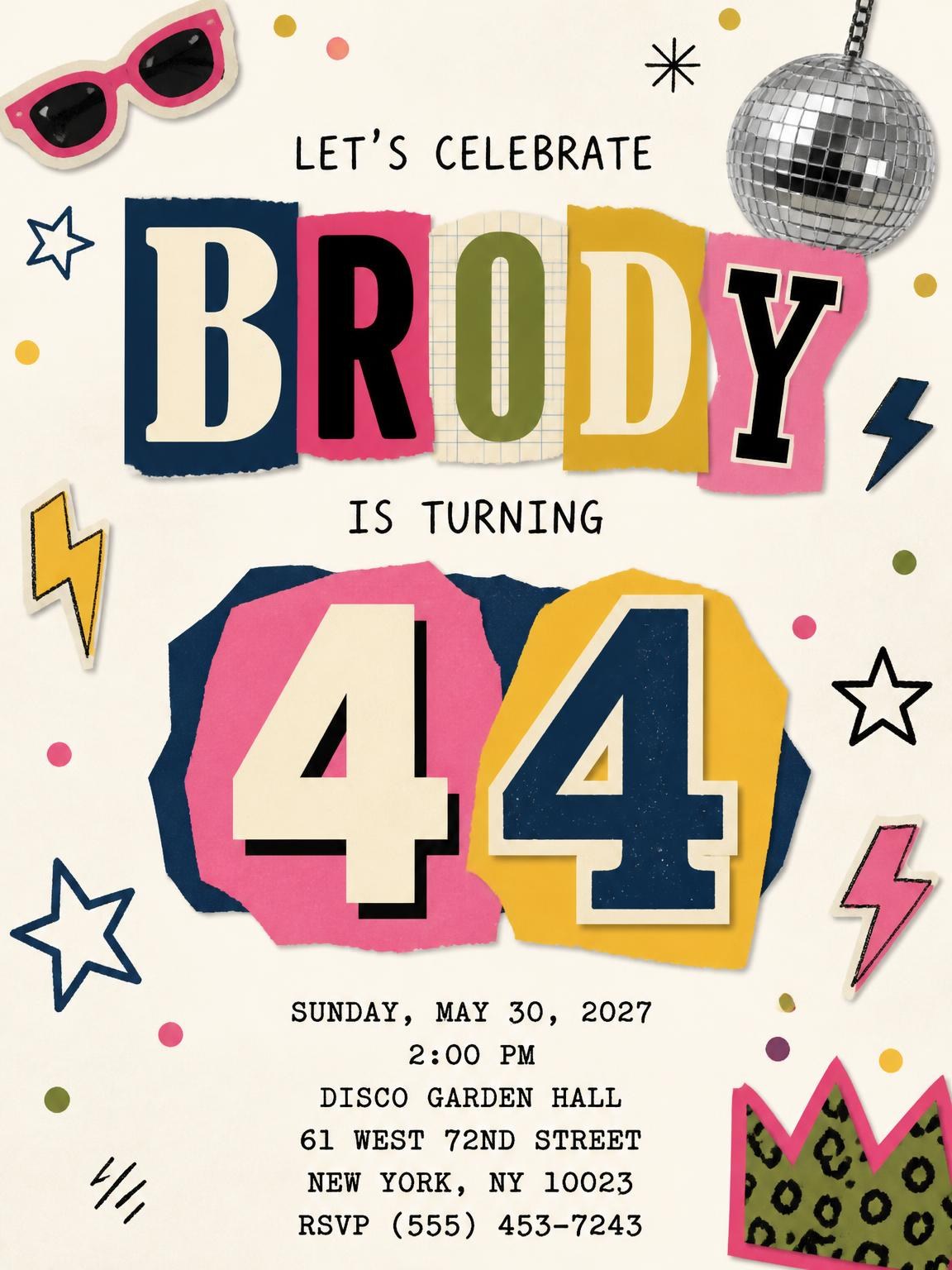 Retro Paper Collage 44th Birthday Invitation