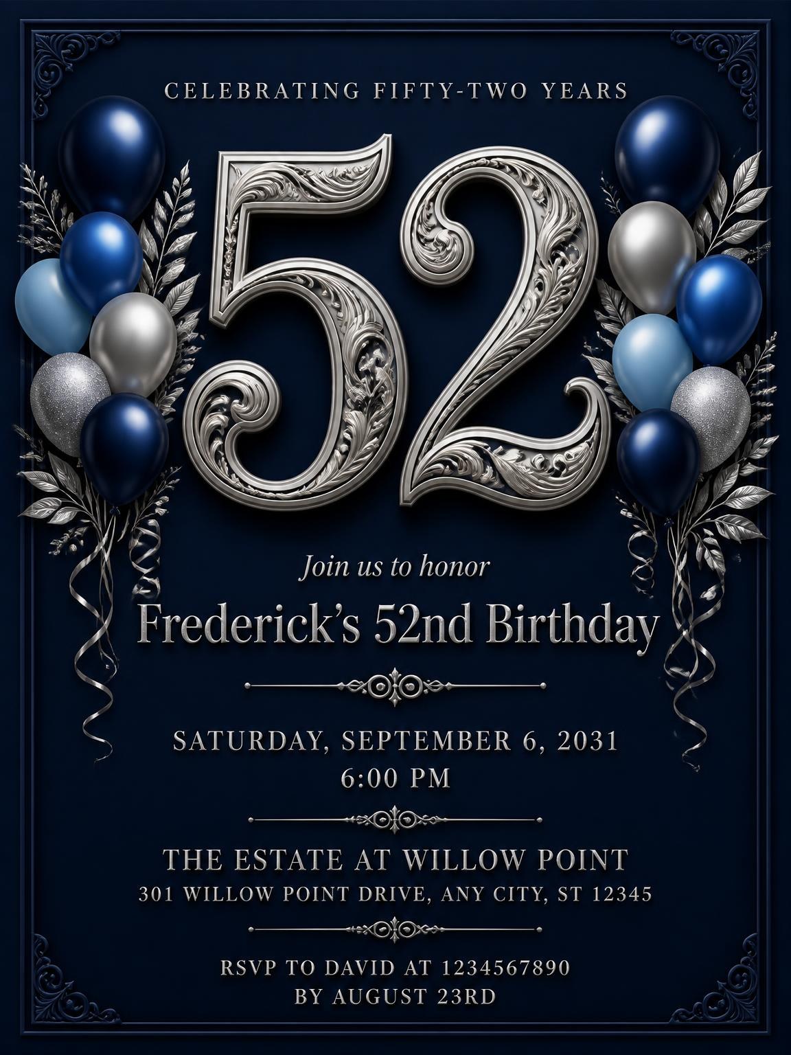 Navy and Silver 52nd Birthday Invitation