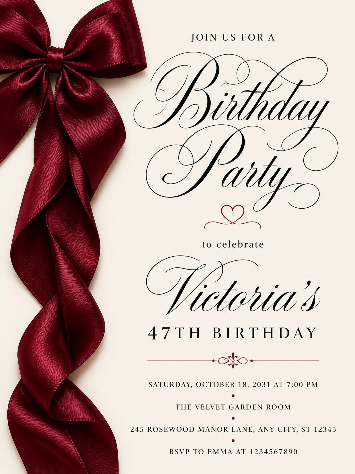 Burgundy Satin Bow 47th Birthday Invitation