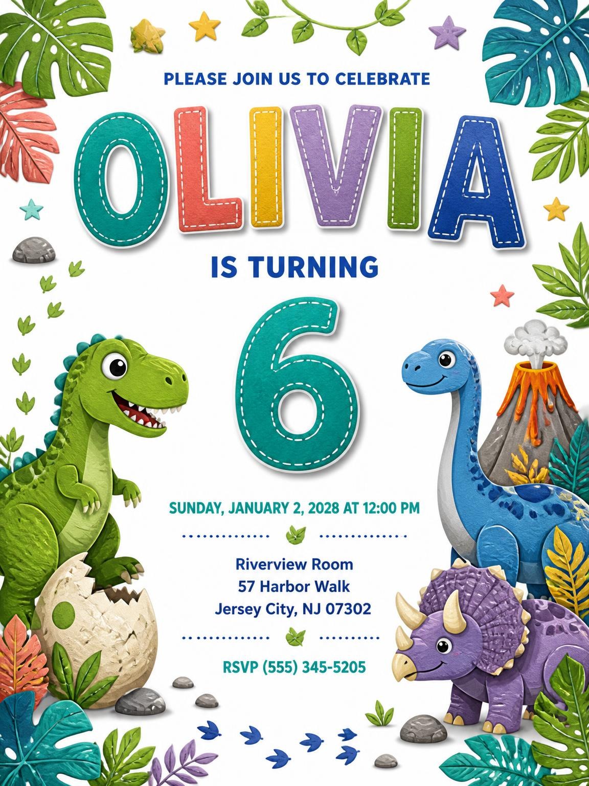 Stitched Dinosaur 6th Birthday Invitation
