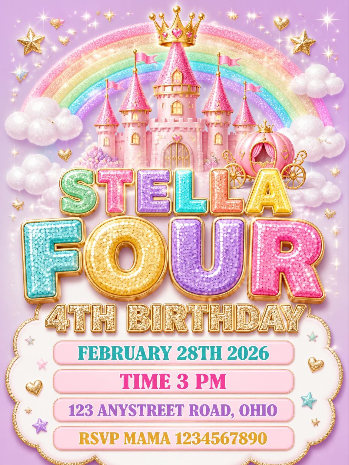 Glitter Princess Castle 4th Birthday Invitation