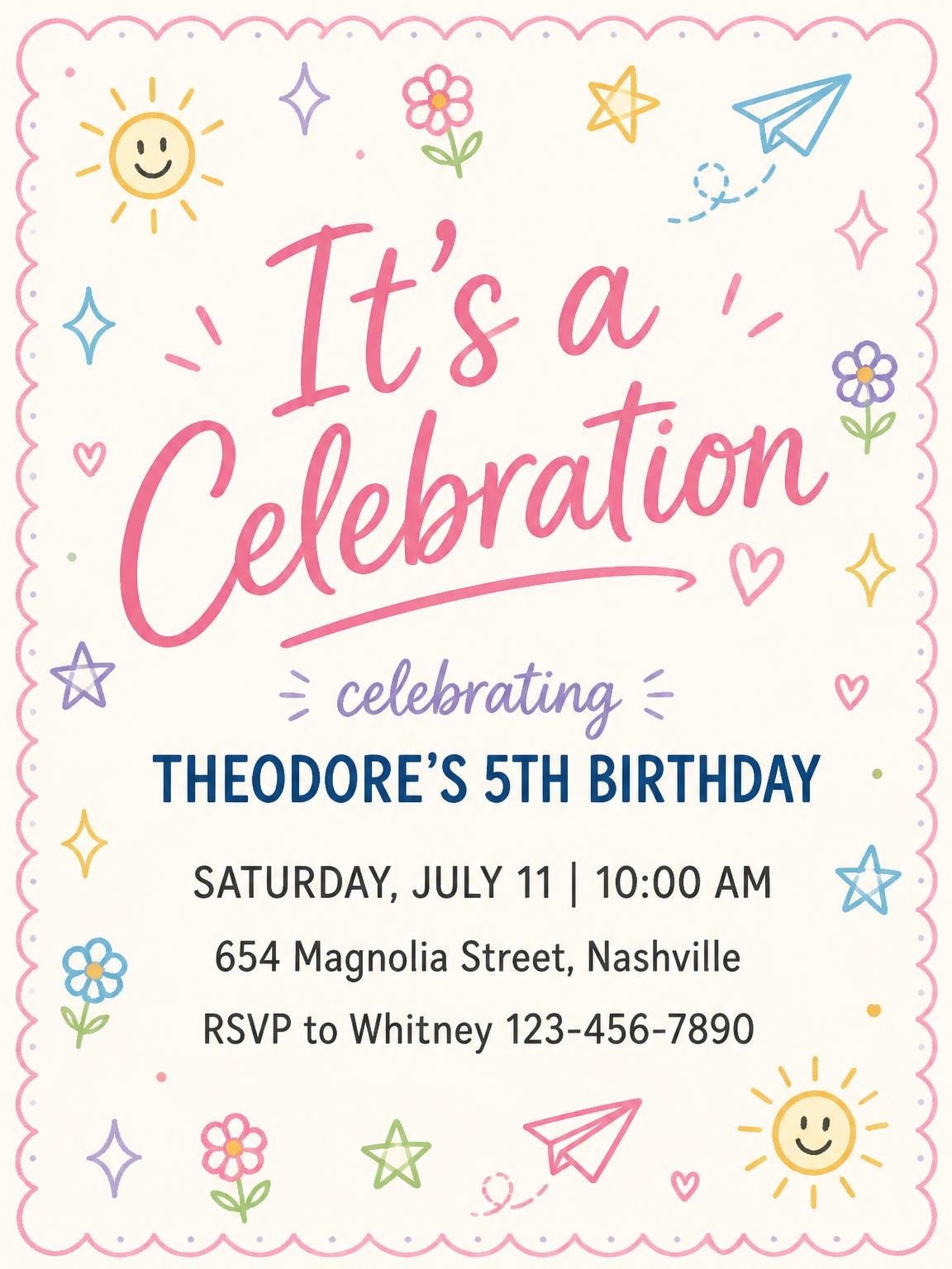 Multicolor Doodle Scalloped Edge 5th Birthday