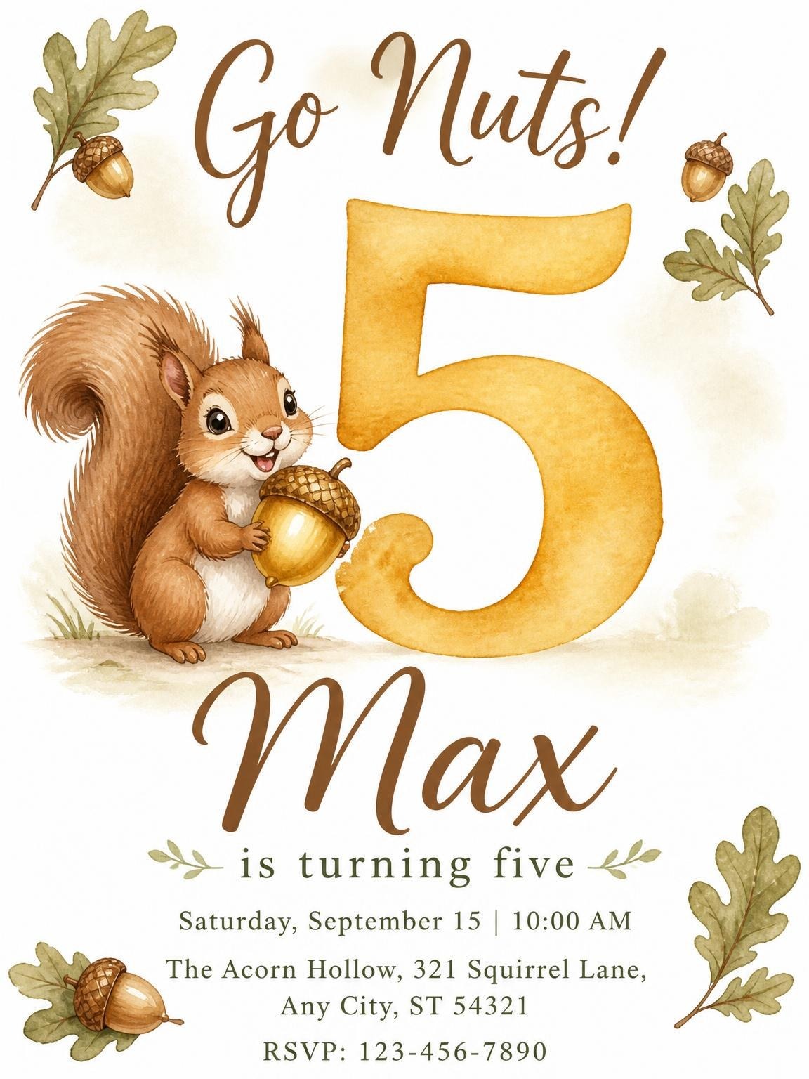 Watercolor Squirrel Acorn 5th Birthday