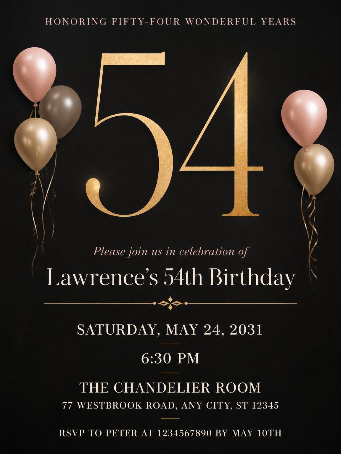 Charcoal and Blush 54th Birthday Invitation